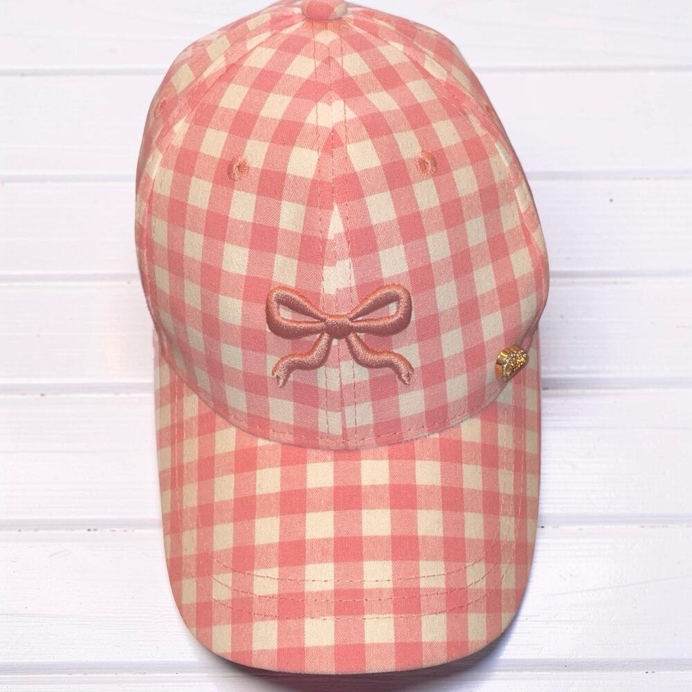 Juicy Couture Pink Gingham Baseball Cap Hat Embroidered Bow Crystal Heart Accent